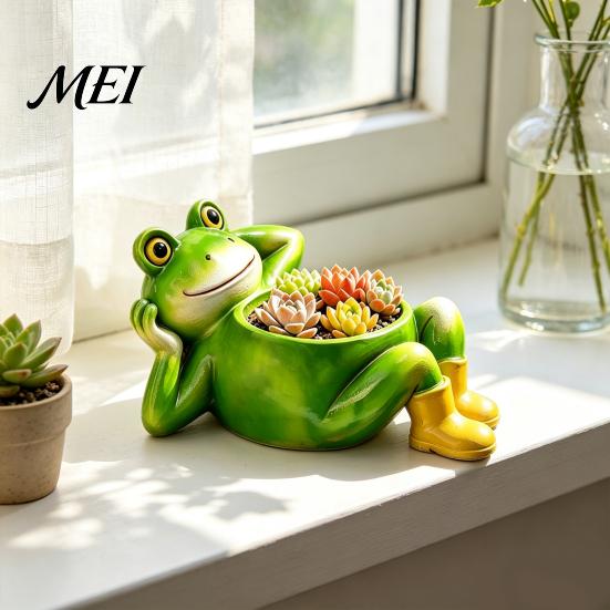 Frog Flower Pot for Succulents Cute Lying Planter, Decorative Resin Plant Pot, Funny Indoor Desk Container Outdoor Small Plants Unique Gardening Gifts