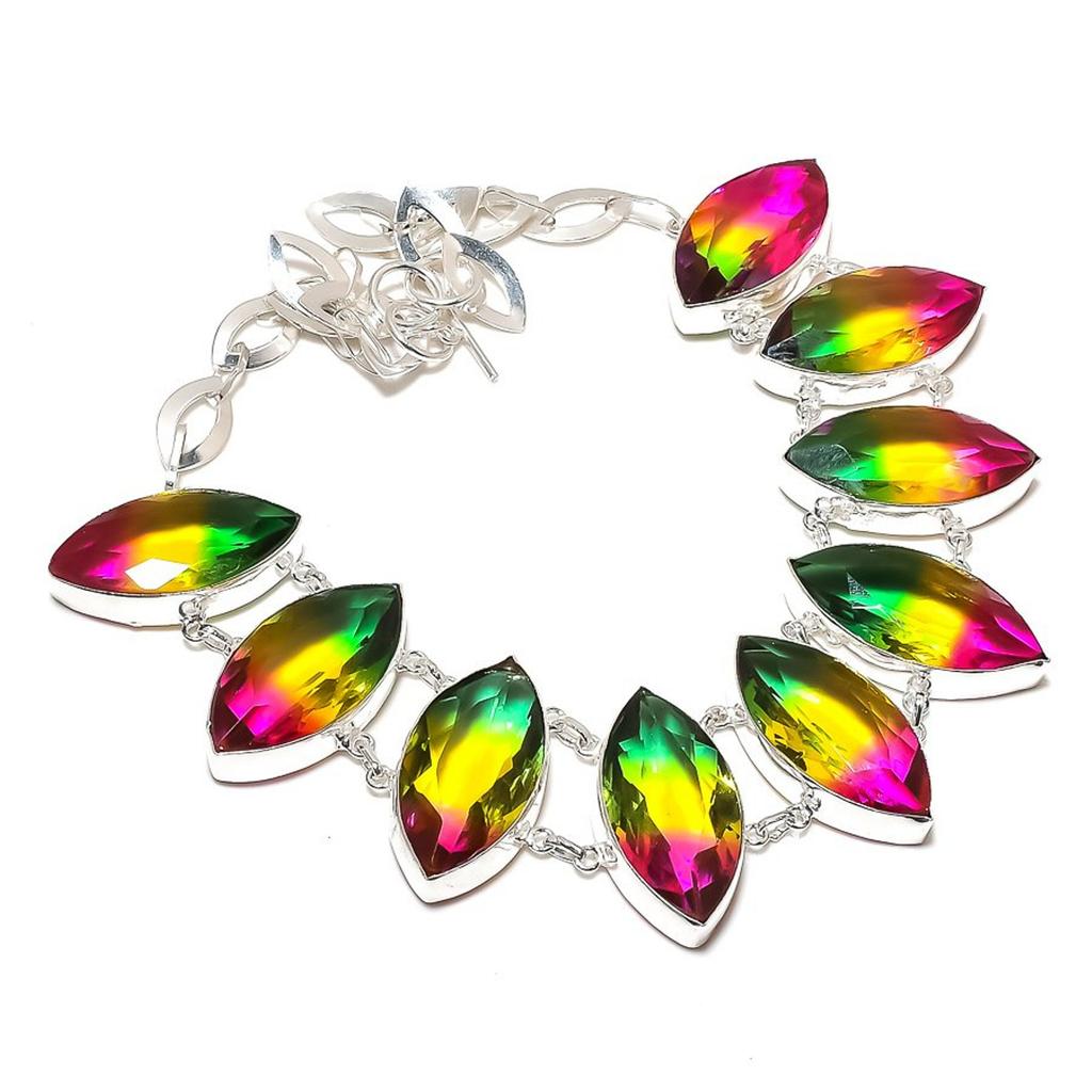 Lab Created Multi Tourmaline Necklace 18" Adjustable Chain Marquise Cut Gemstone