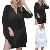 Women's Beach Cover-up Chiffon Deep V Stand-up Collar Shirt Dress Pocket Sexy Solid Color Dress