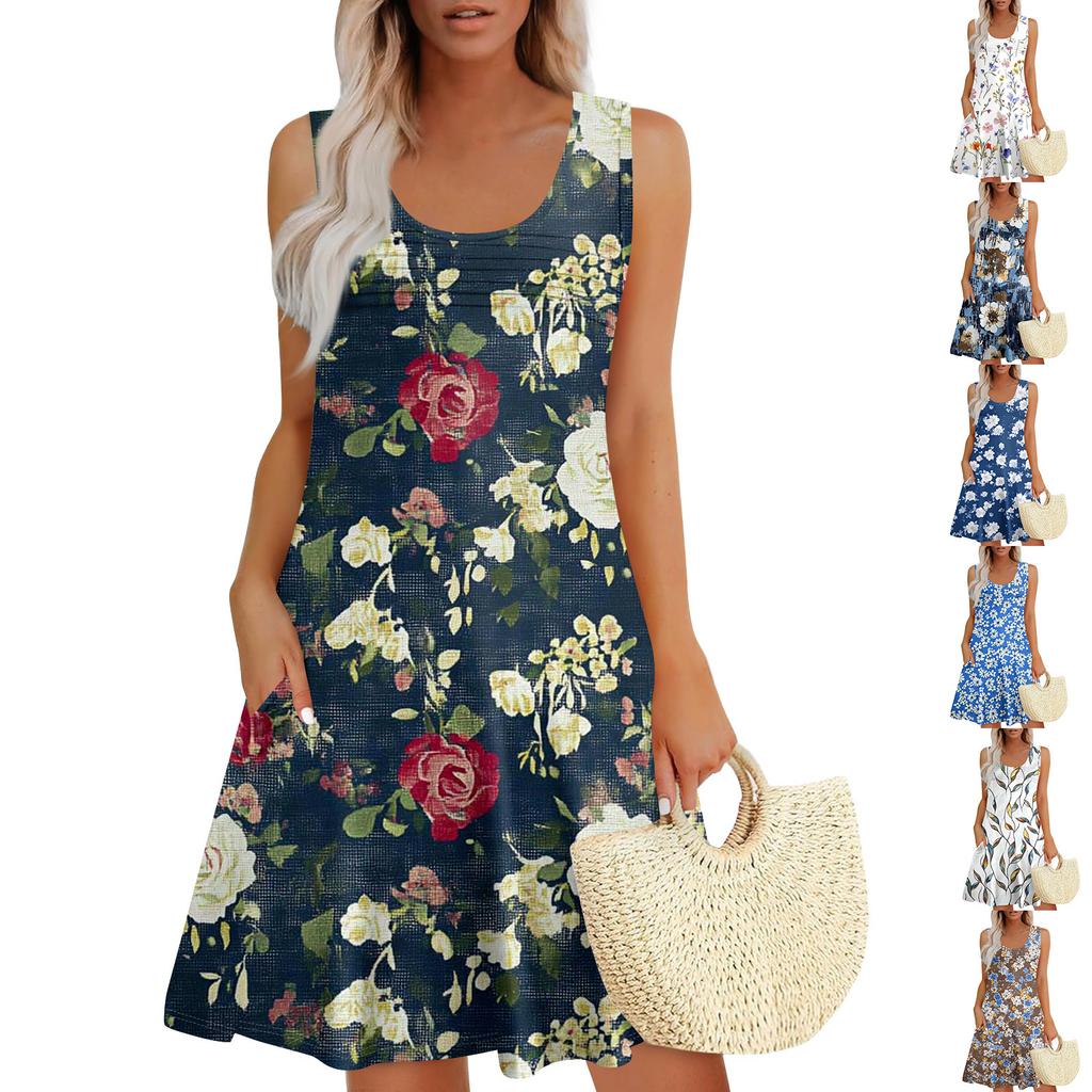 Womens Summer Dresses Loose U Neck Sleeveless Sundresses Dress With Pockets