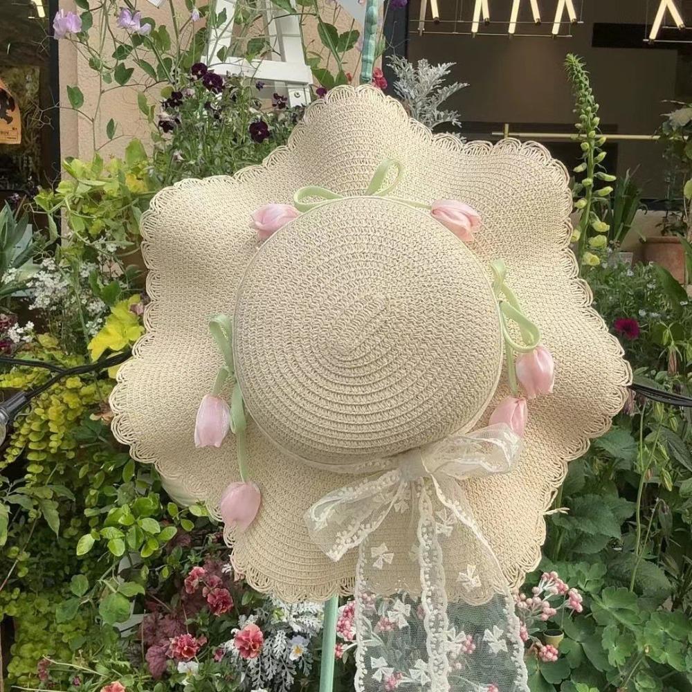 Korean Style Lace Tulip Sun Hat Wide Brim Bow Sunscreen Hat Simple Straw Woven Hat Beach