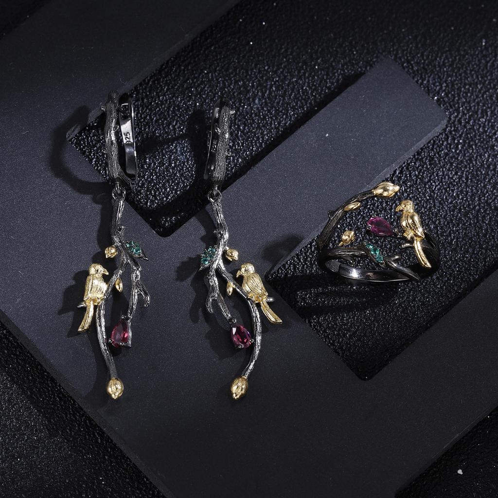 Italian Craft Designer Retro Style Ring Natural Style Bird Design S925 Silver Natural Rose Pomegranate Ring