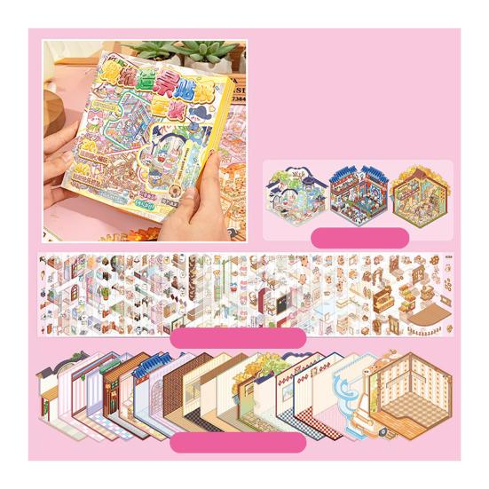 3D Scene Sticker Book Set for Kids Adults DIY Mini House Stickers Kit Reusable Kawaii Stickers for Home School Office