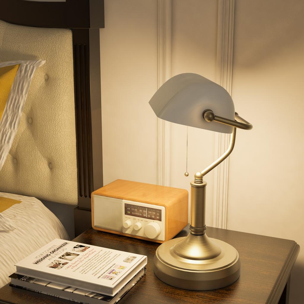 Banker s Desk Lamp With Antique Bronze Tone Base Table Lamp With White Glass Shade For Home Office White