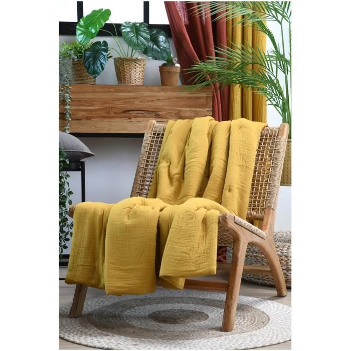 Plaid - Pop - Moutarde - 125 x 150 cm - Double gaze de coton - Douceur et confort