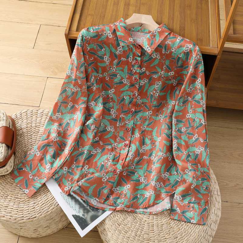 Рубашка в стиле минимализма с цветочным принтом и длинными рукавами из хлопка и льна, стильный универсальный свободный топ для женщин на весну и осень