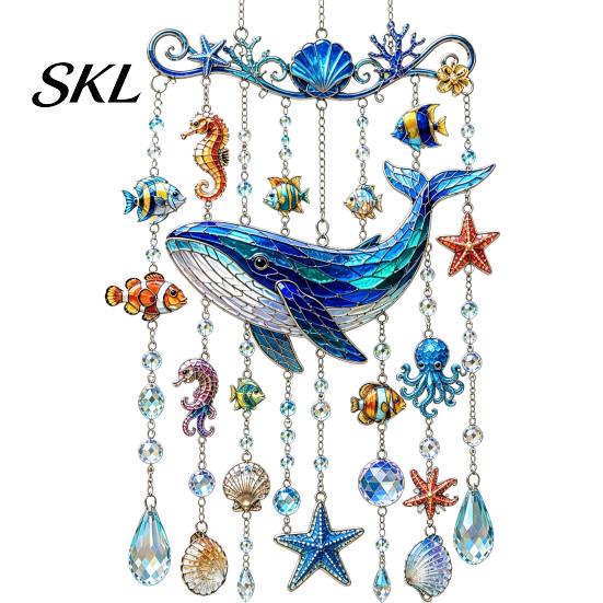 Crystal Bead Hanging Ornament Ocean Animal Acrylic Window Hanging, Stained Glass Style Sea Turtle Whale Dolphin Suncatcher Waterproof Wind Chime with