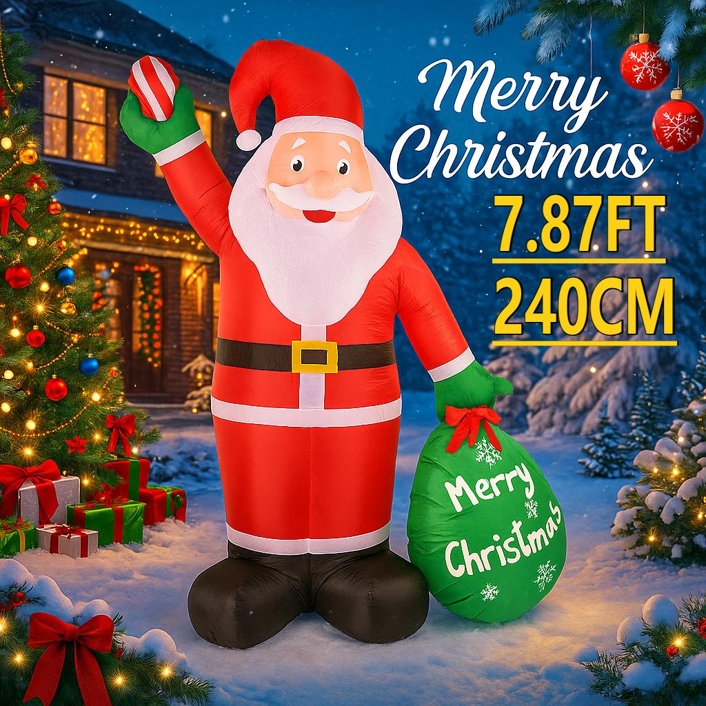 7.87FT Украшение для вечеринки во дворе Надувной Санта Клаус Мешок с подарками Игрушка Светодиодная подсветка Рождественские украшения для дома Принадлежности Рождественский праздничный подарок