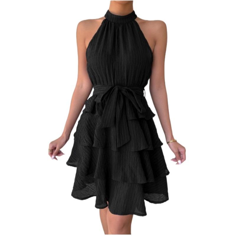 Новое летнее европейское и американское женское платье без рукавов с рюшами и висячим вырезом с круглым вырезом, платье S-XL