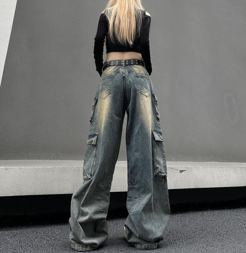 Multi-pocket Streetwear Cargo Pants Women Autumn Winter Wide-leg Washable Oversized Jeans Women Y2k Baggy Denim Pant