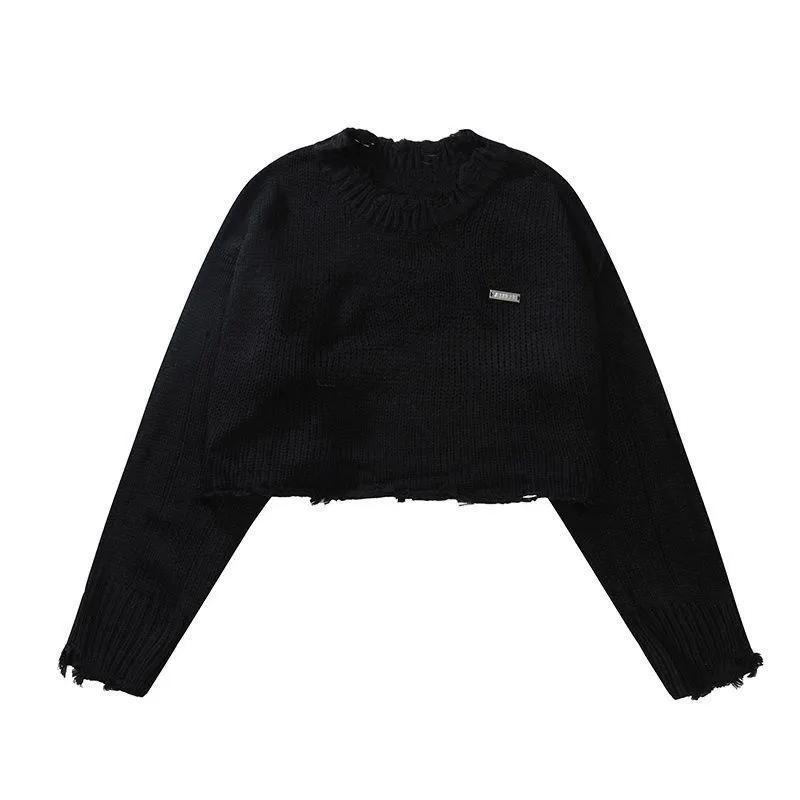 Cropped Knitted Pullovers Women Long Sleeve O-Neck Short Sweaters Girl's Solid Color Casual Irregular Jumpers Streetwear