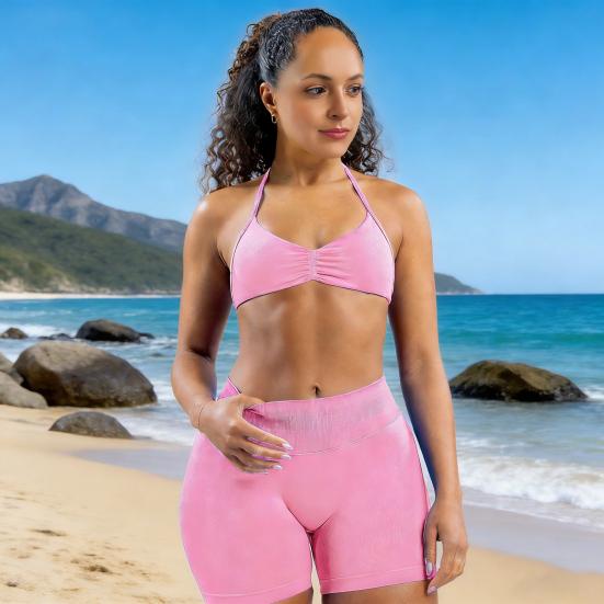 Комплект из 2 предметов для тренировок: Топ на бретелях с открытой спиной и Спортивные шорты с высокой талией и ремешками для женщин