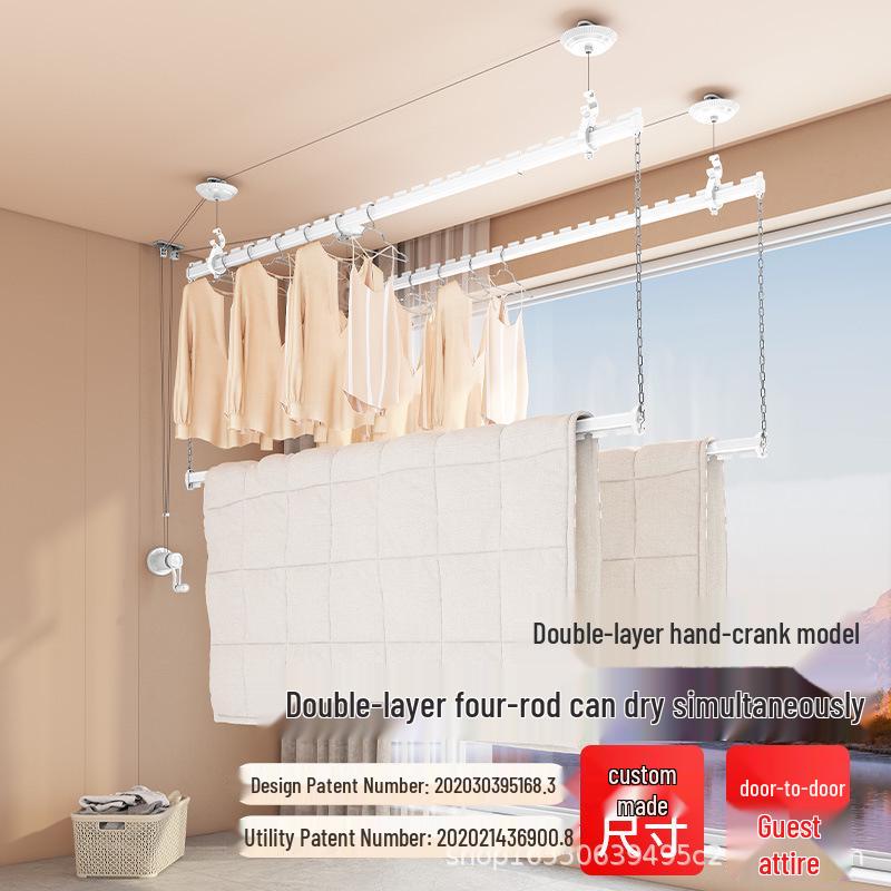 Manual Hand-Crank Double Rod Clothes Drying Rack for Balcony