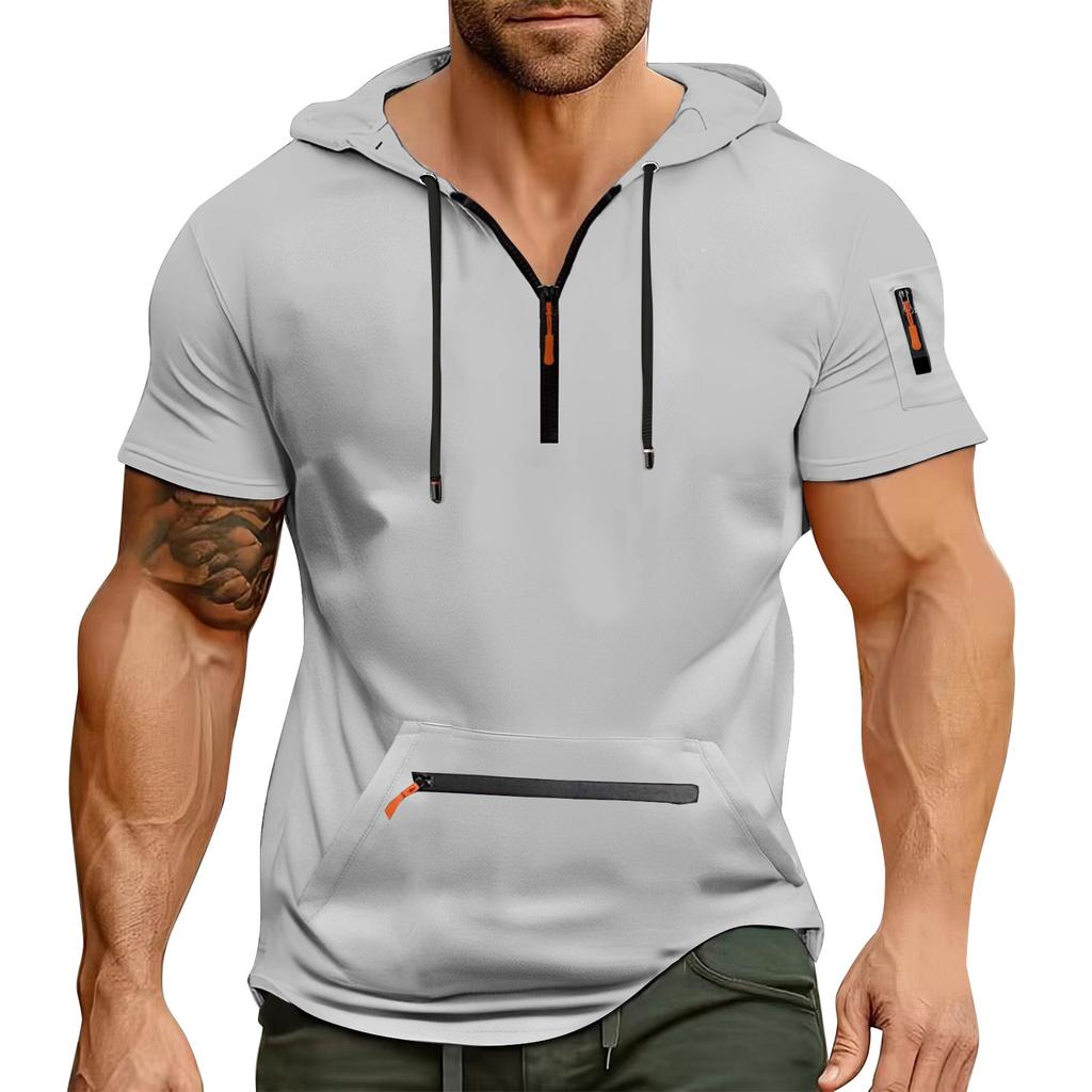 Мужская летняя рубашка с карманом на молнии, коротким рукавом, с капюшоном, мужская спортивная повседневная толстовка большого размера