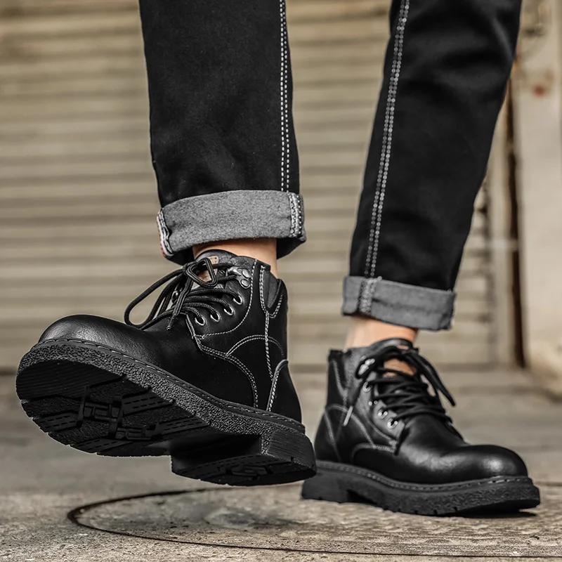 Men's Boots, New Autumn British Style Retro High Top Workwear Leather Shoes, Mid Top Business Casual Men's Shoes