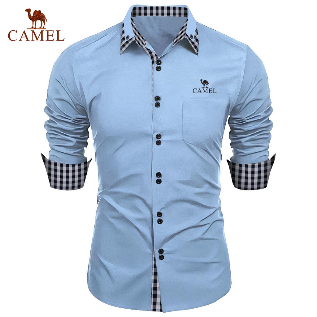 Camel Spring and Autumn New Fashion Men's Fashion Check Color Block Business Slim Fit Casual Shirt Embroidered Brand Long Sleeved Shirt