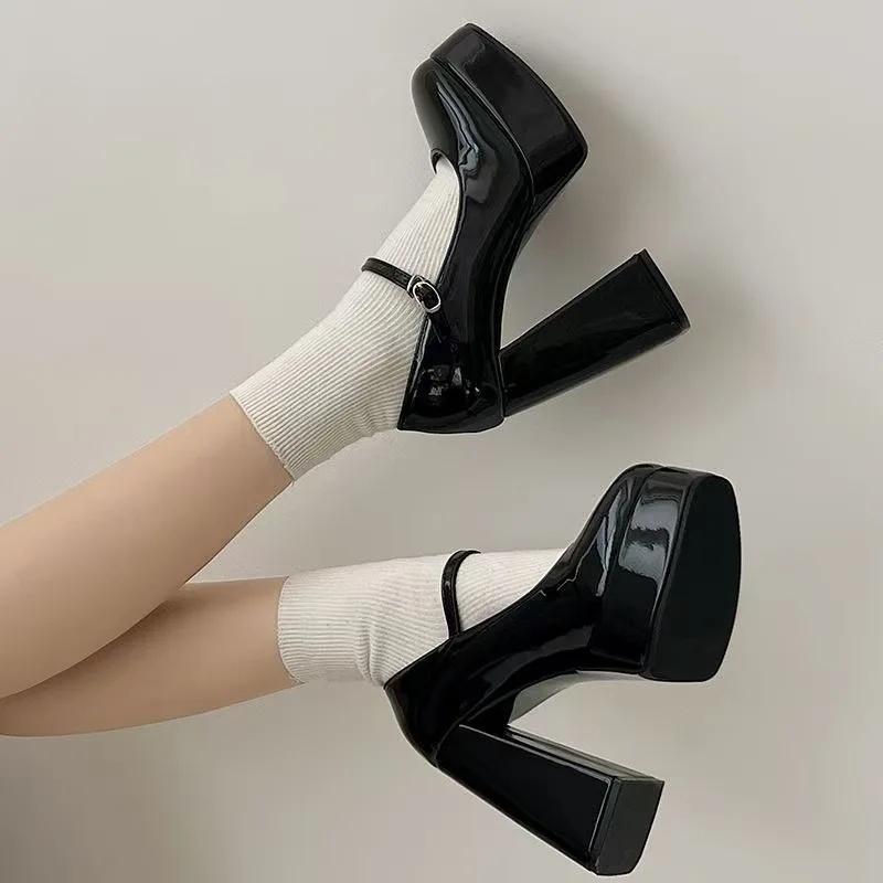 Французский дизайн Туфли-лодочки на высоком каблуке Женские черные туфли Американский стиль Средний каблук Одинарные туфли Полиуретан Улучшенная версия