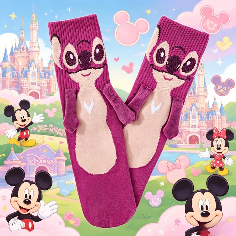 Disney Носки с рисунком Стич, держащиеся за руки, пара, розово-голубая расцветка, носки до середины голени, носки с мультяшной парой, дышащие и модные