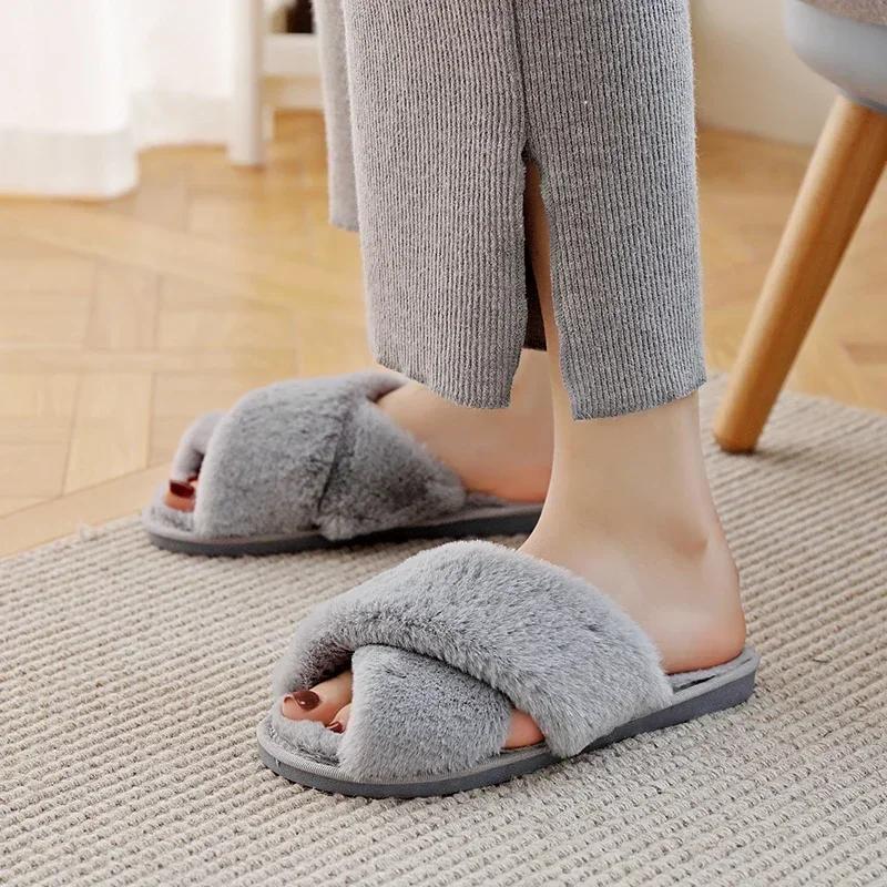 Winter Women House Slippers Faux Fur Fashion Warm Shoes Woman Slip On Flats Female Slides Black Pink Cozy Home Furry Slippers