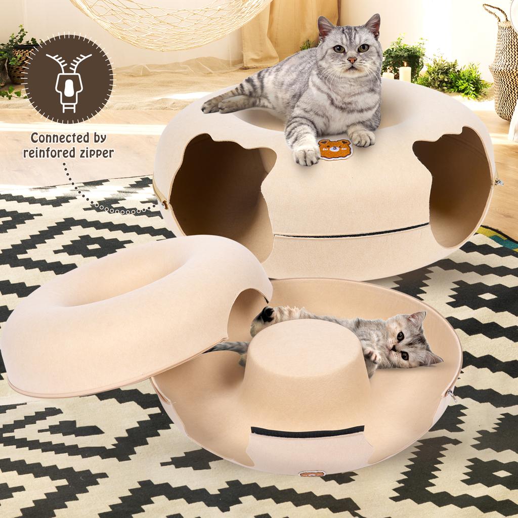 Кошачья тоннельная кровать для кошек Peekaboo Cat Cave Двойная пещера для кошек среднего и большого размера Кровать-пончик с царапаньем Cat Donut Tunnel