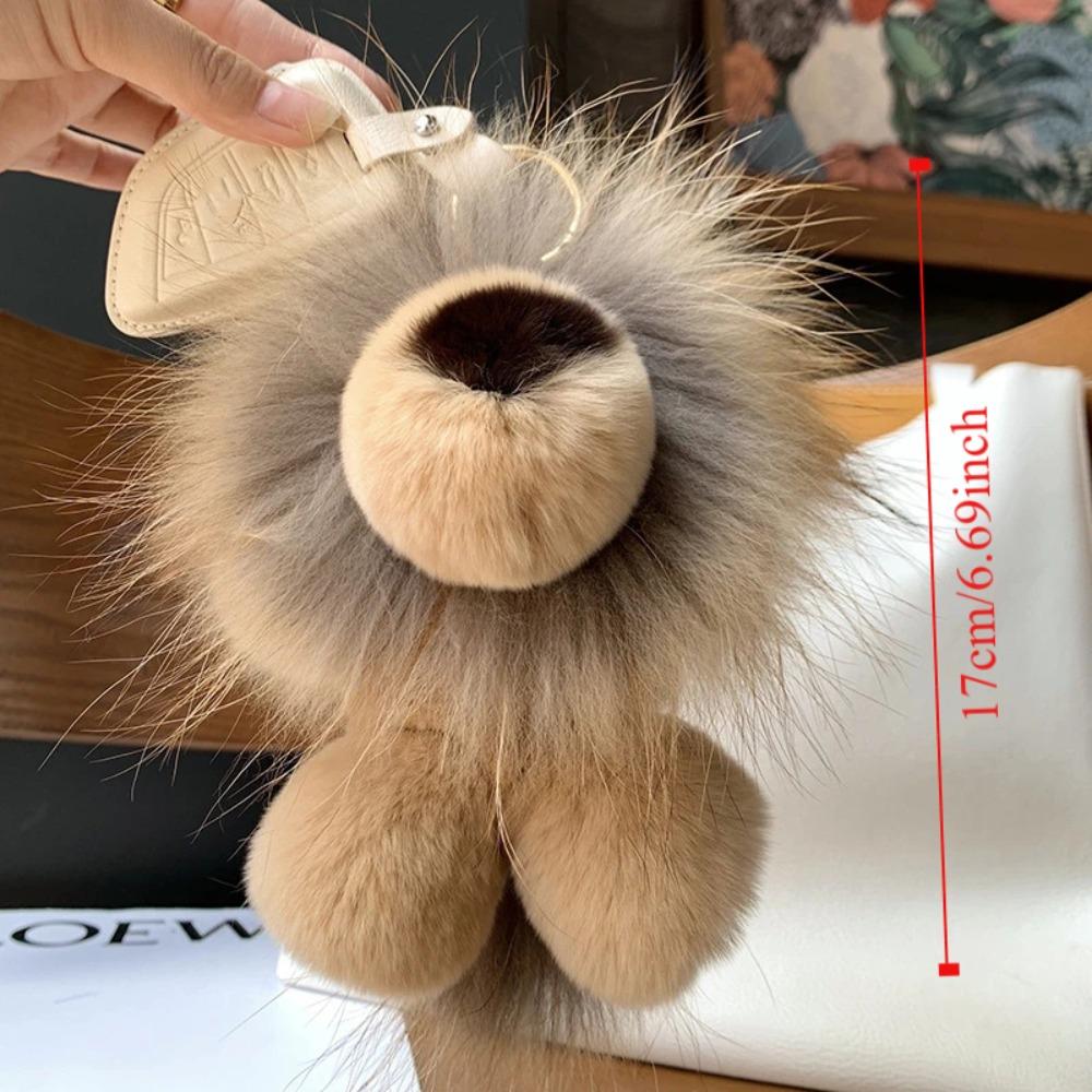Cute Cartoon Rabbit Fur Keychain Small Lion Alloy Key Ring Pompon Bag Car Key Pendant