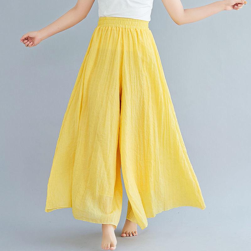 Artistic Cotton Wide Leg Pants for Women's Summer Loose and Casual Solid Color Big Swing High Waist Retro Yoga Pants Skirt