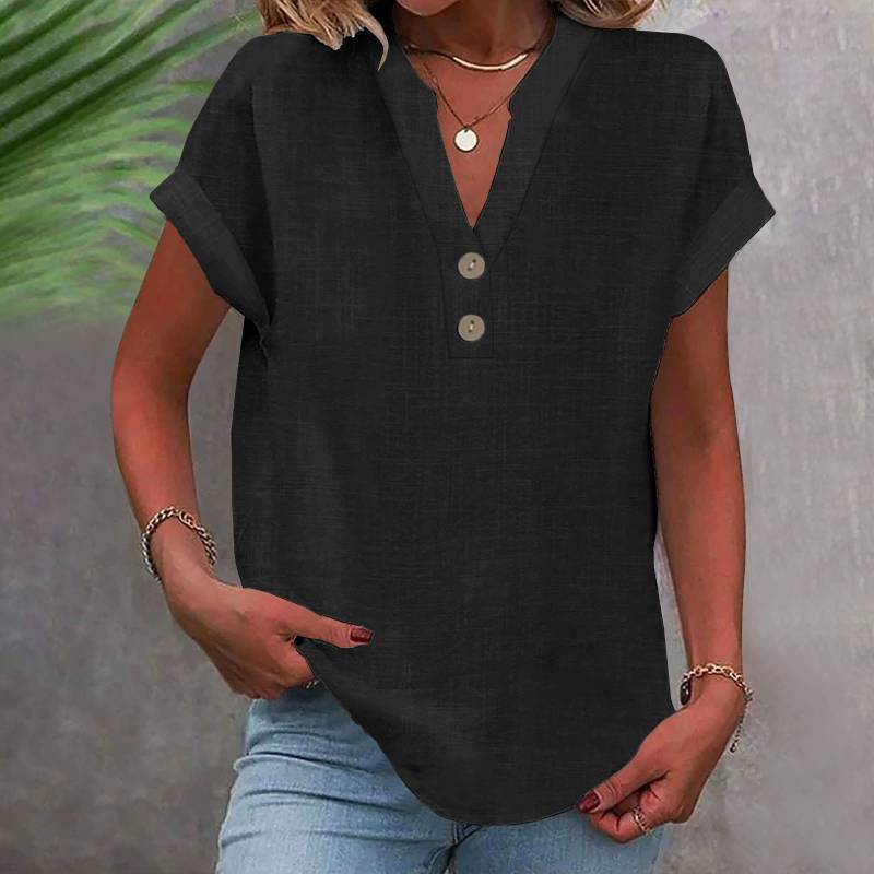Summer Women Shirt With Stand Collar Short Sleeve Cotton Blended Fabric For Casual Wear