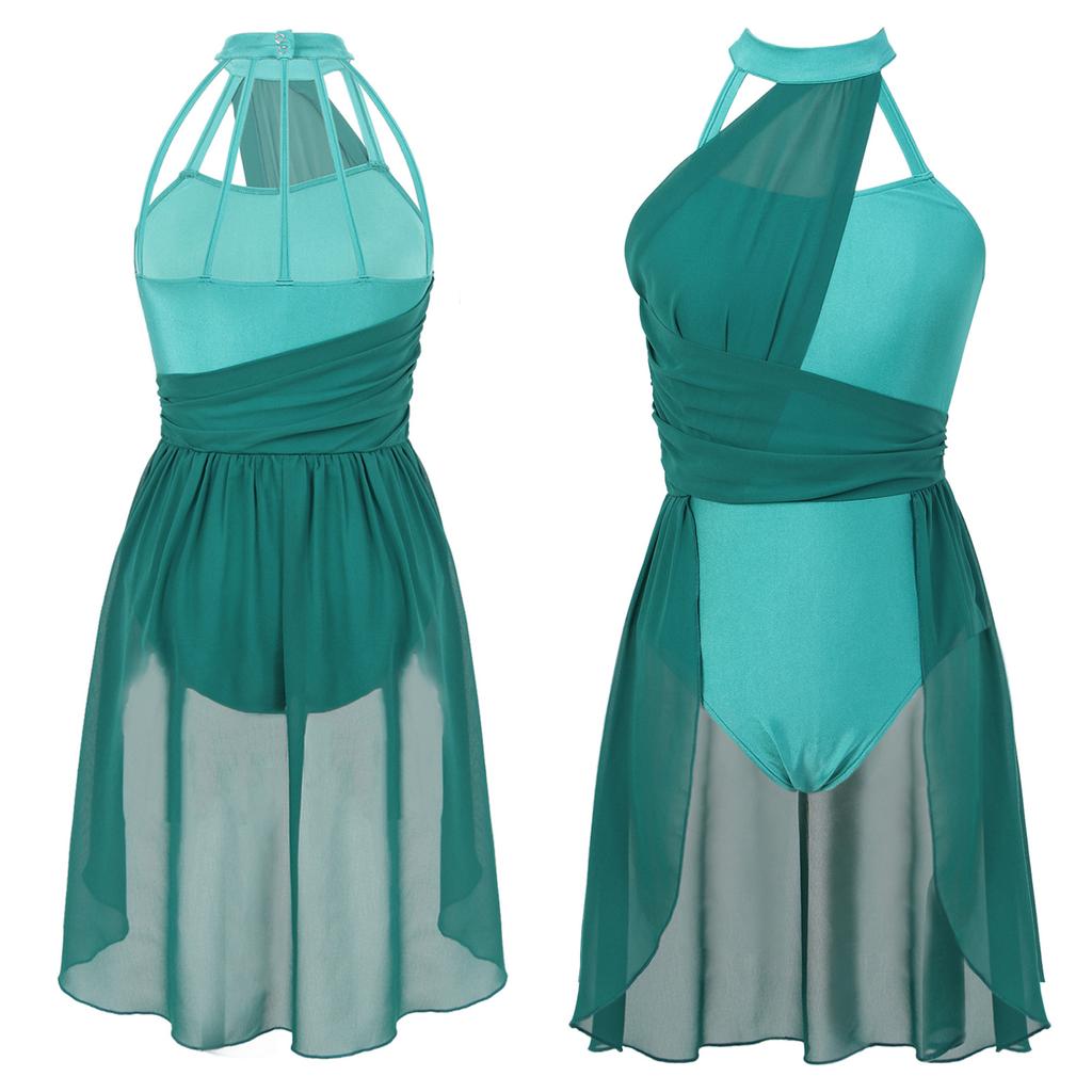 Женский шифоновый танцевальный костюм для гимнастики, лирическое танцевальное платье, современный костюм, шифоновая танцевальная одежда с лямкой на шее