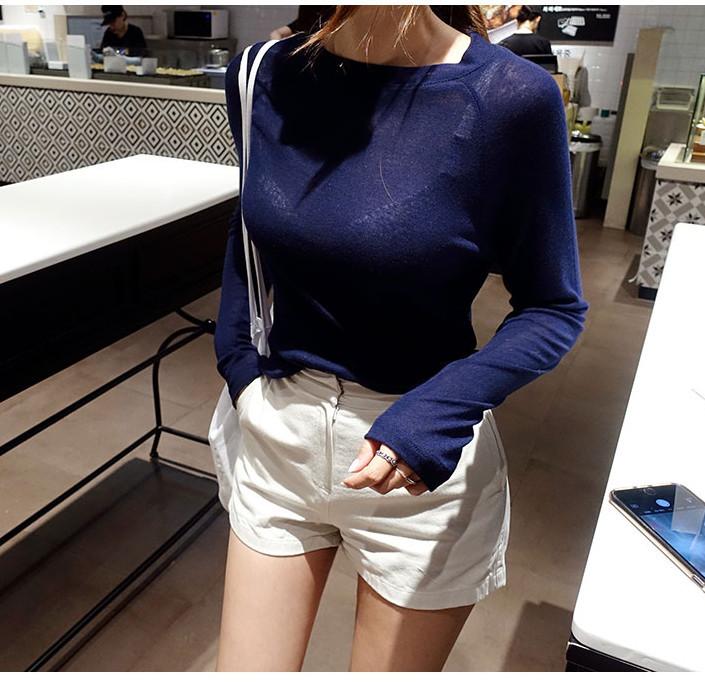 Hot Sale 2024 New Spring Summer Basic Tops Long Sleeve Loose Thin Sexy Blue T-shirt Women Fashion Solid Color Cotton Tee Femme
