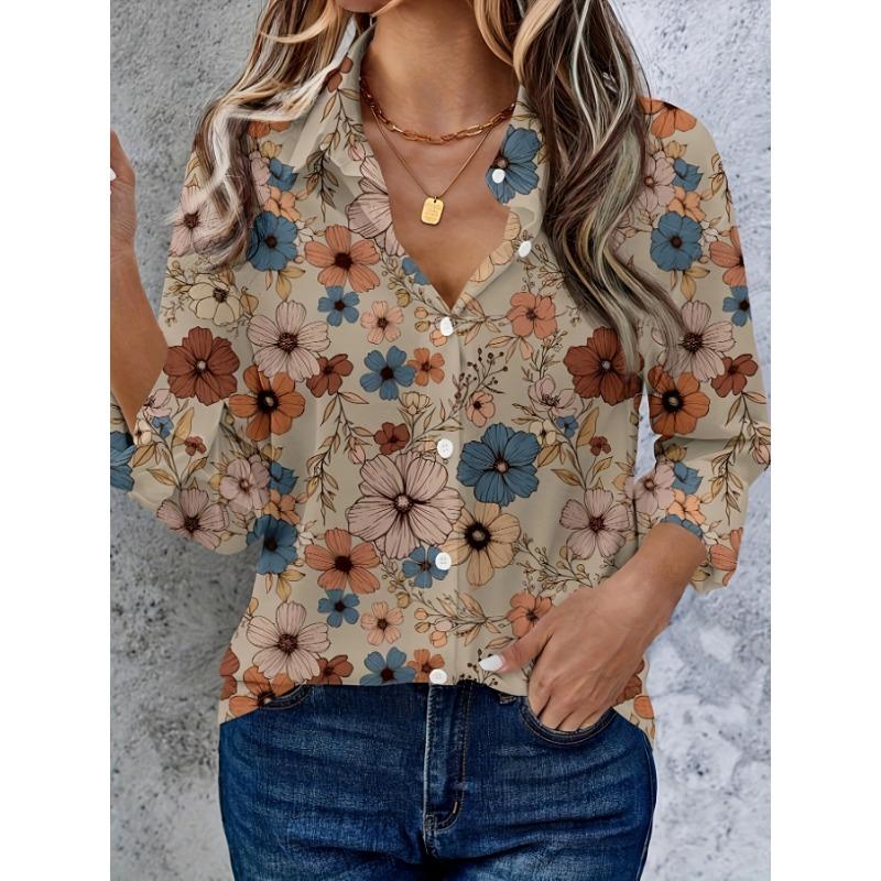Women'S Retro Floral Front-Button Casual Long Sleeve Shirt
