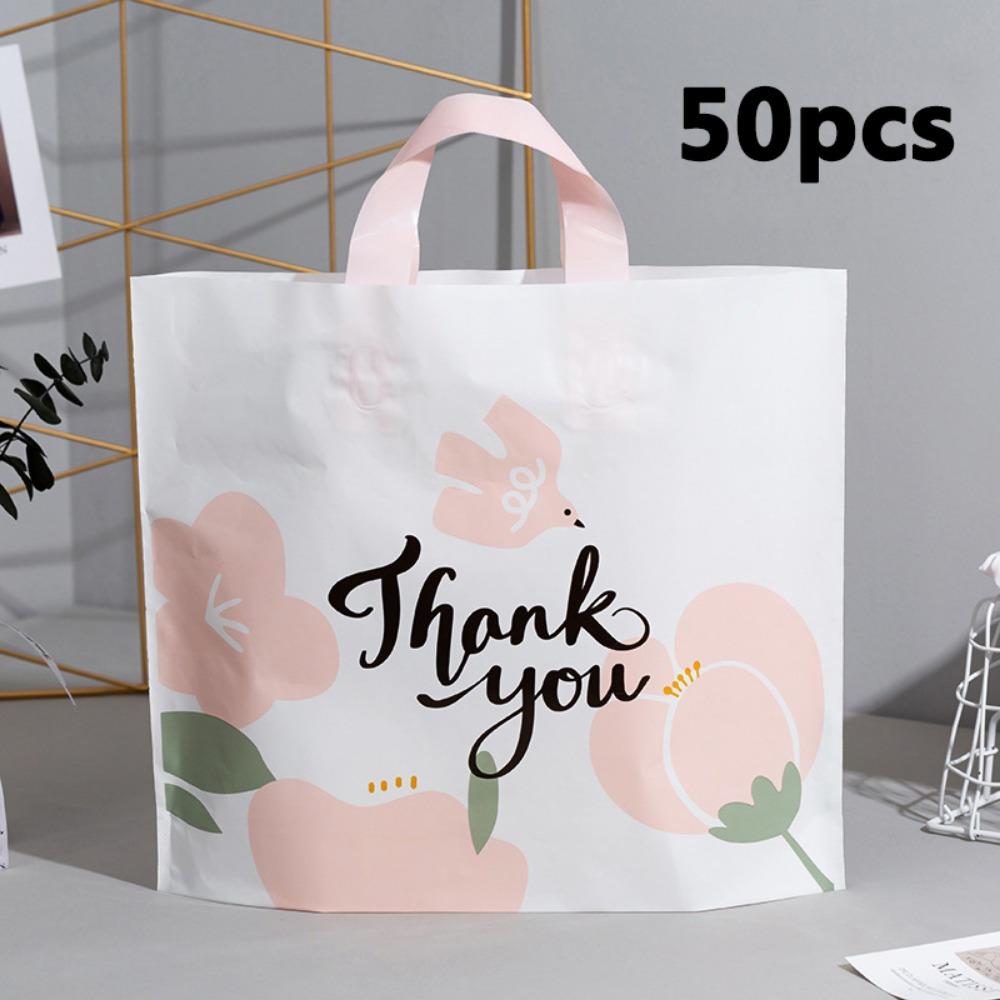 50pcs Thank You Flower Gift Bag Plastic Handheld Bag Clothing Shop Shopping Bag Beauty Shop Packaging Bag Party Gift Bag Shopping Bag