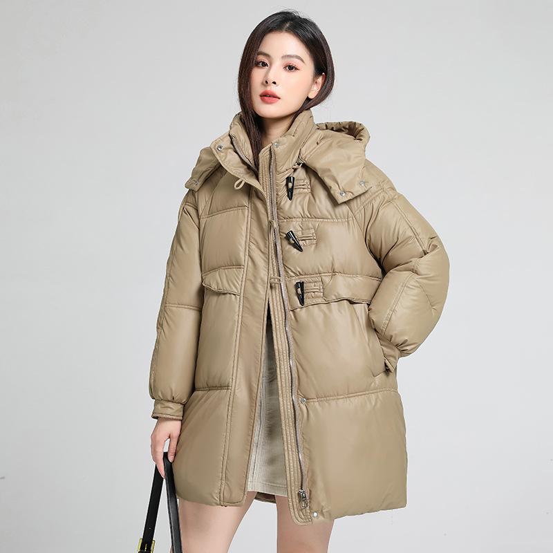 Autumn and Winter Women's Thickened Hooded Coat Loose Mid-length Windproof Warm Coat Cold Weather Clothing