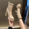 Women's Platform Cow Suede Booties Fall New Square Toe Rear Zipper Anti-Slip Wear-Resistant High Heels