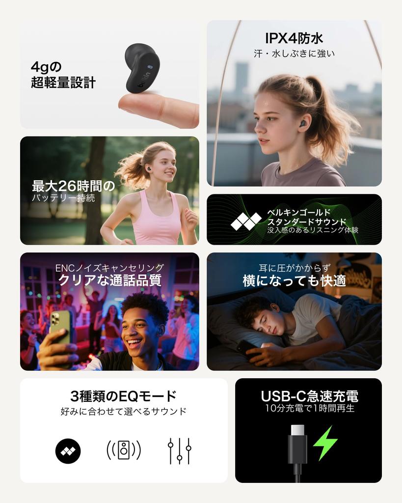 Полностью беспроводные наушники Belkin SOUNDFORM ANYWHERE, Bluetooth 5.4, 12-мм динамики, шумоподавление при звонках, 26 часов работы, Силиконовые насадки для увеличения размера,