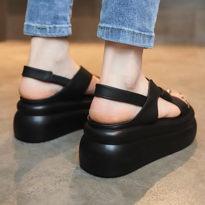Fashion Women Leather Sandals 7CM Summer Shoes New 2024 High Platform Cross-strap Slides Fashion Casual Sandals Beach Chunky Slippers