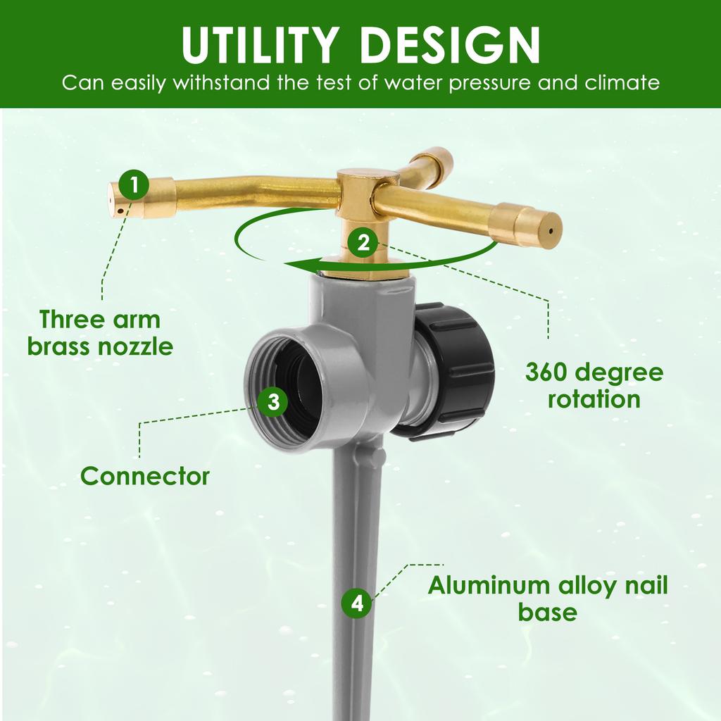 2 шт. Газонный трезубец водяной разбрызгиватель Вращение на 360 градусов Простой в использовании Сплав алюминия Садовый шип Распылитель с 3-рычажным латунным соплом