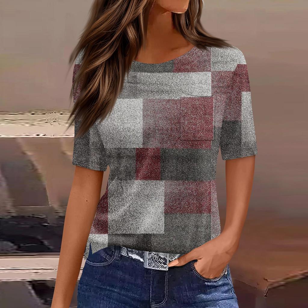 Футболки для женщин, плиссированные, с круглым вырезом, нарядные, повседневные, блузки с принтом, с коротким рукавом, летние топы, свободный крой