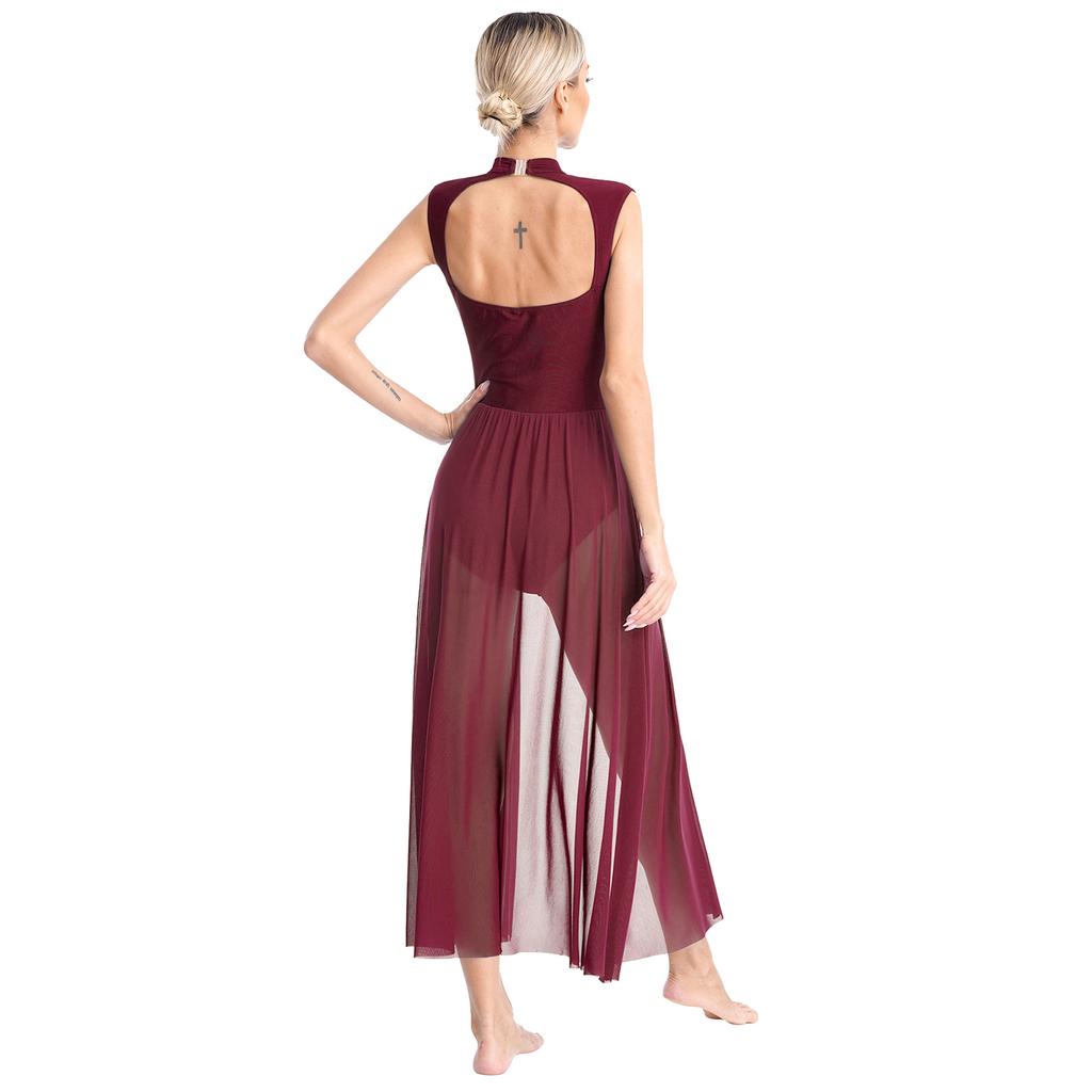 Женское платье для лирического танца из цветочного кружева, с воротником-стойкой, открытой спиной, без рукавов, леотард, костюм для сценического выступления