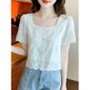 Summer 2023 Retro Hollow Lace Square Neck Short Sleeve Women's Slimming Top