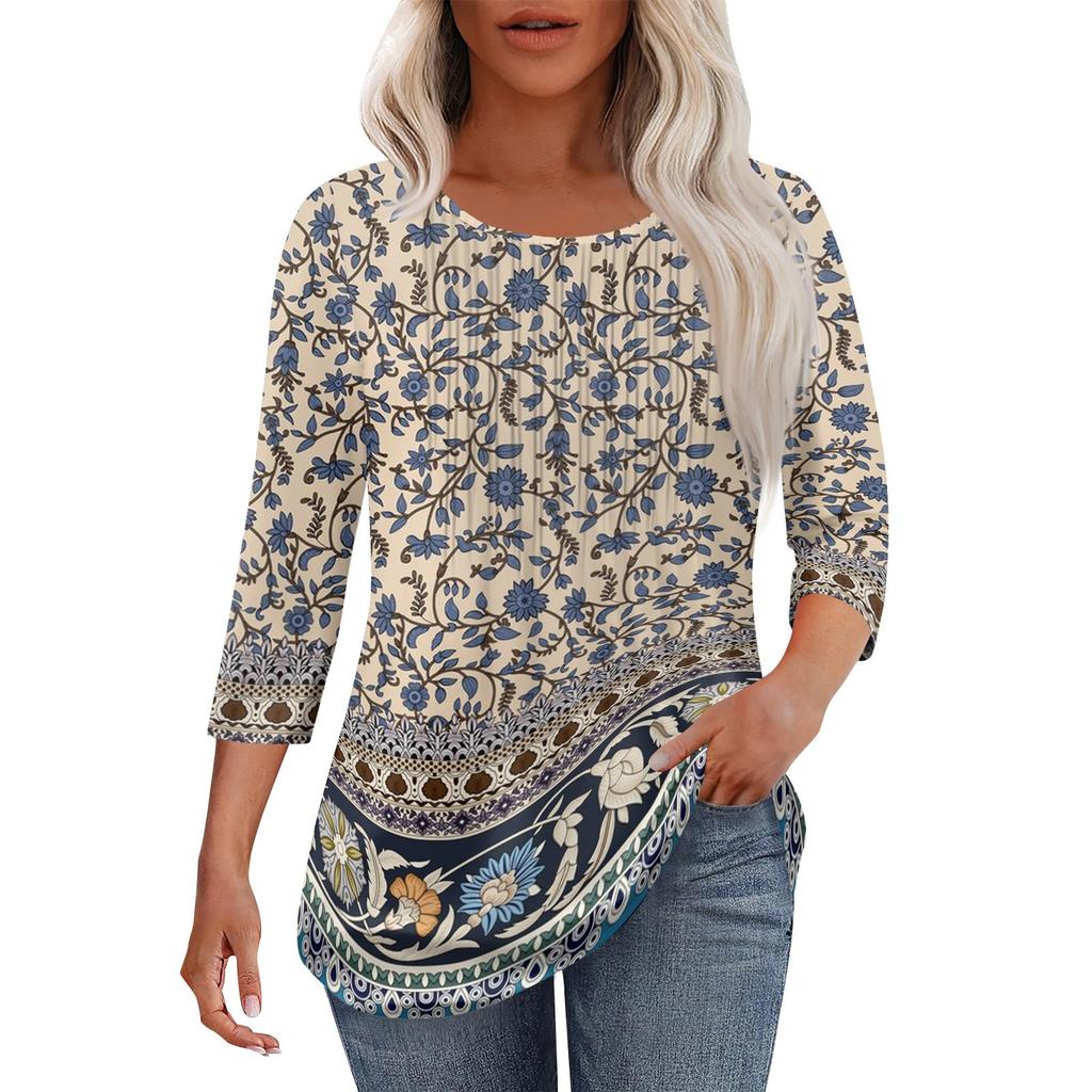 Women's Fashionable Casual Pleated Round Neck Casual Floral Print Seven Quarter Sleeved T-shirt Top