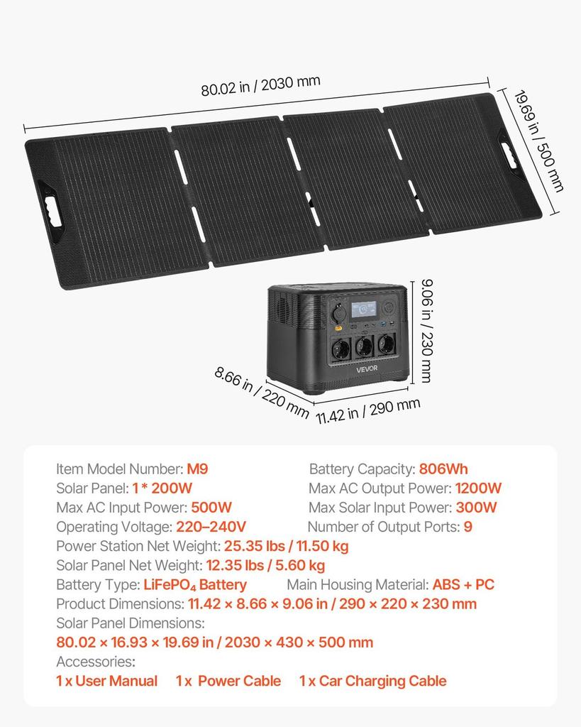 Portable Power Station with 200W Solar Panel, 1200W Solar Generator Power Station, 806Wh LiFePO4 Battery Backup with 9 Output Ports for Home