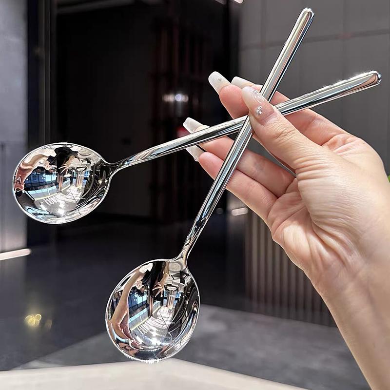 Stainless Steel Spoon Korean Long Handle Tableware Thicken Stirring Ice Spoon Meal Spoon Household Dinner Spoon