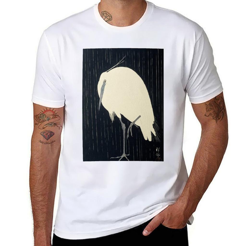 Egret In The Rain Ohara Koson 1920s Tshirt Active Sports Short Sleeve Cotton Shirt