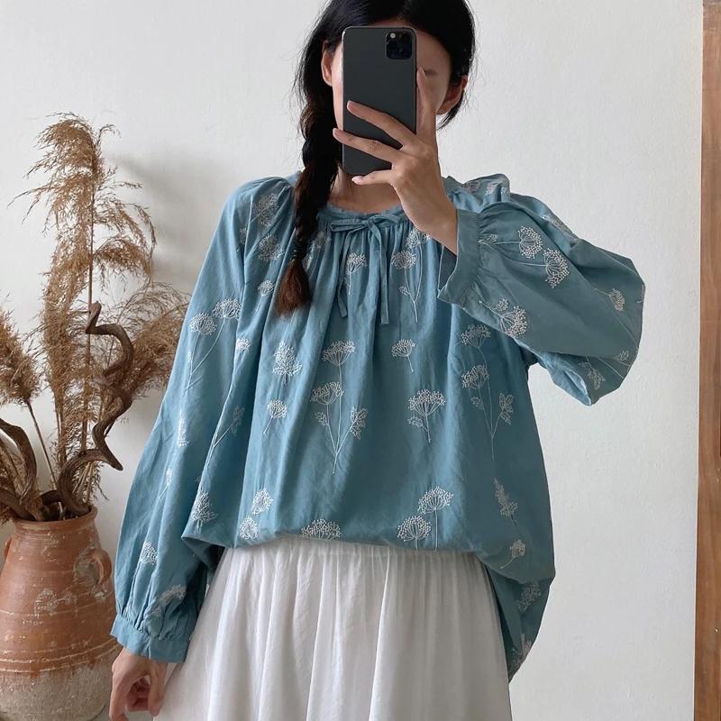 Johnature Винтажные вышитые топы, блузки, весна-осень, повседневные женские рубашки с длинным рукавом