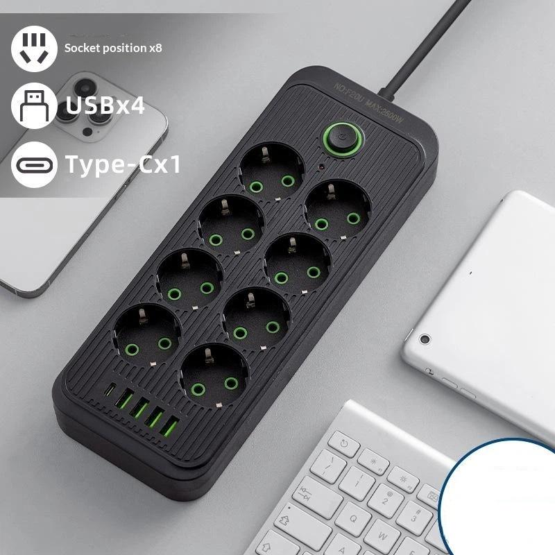 Multi Port Eu Plug Ac Outlet 3/6/8 Eu Holes 4Usb Type C Ports Smart Surge Protection Electrical Socket Phone Charging Adapter