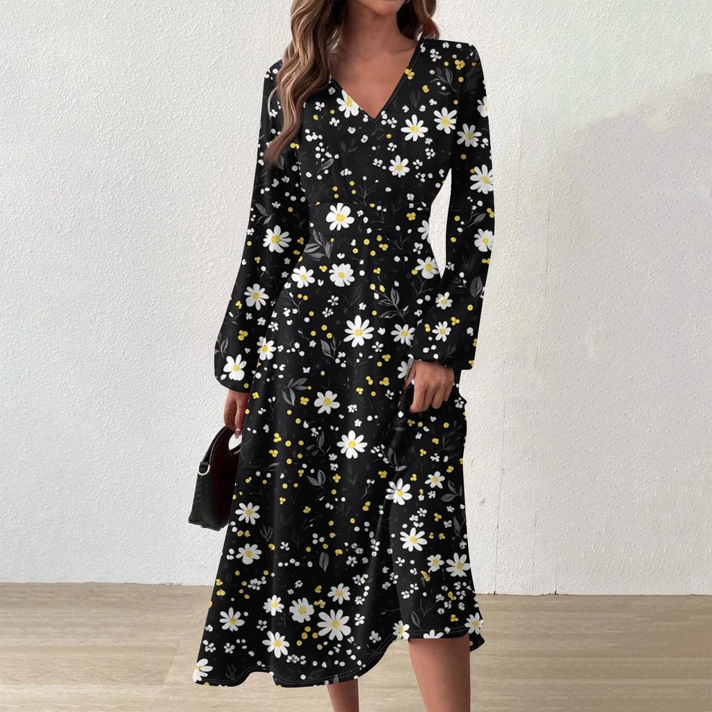 Women's Casual Fashion V-Neck Long Sleeve Floral Print Long Dress