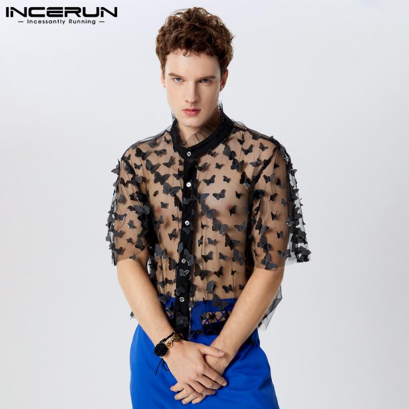 INCERUN Мужские сетчатые топы с воротником-стойкой, прозрачные, кружевные, короткие, сексуальные, футболки