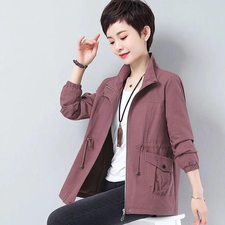 Двухслойная женская ветровка больших размеров на весну-осень в Корейском стиле с подкладкой на шнурке и воротником-стойкой на талии
