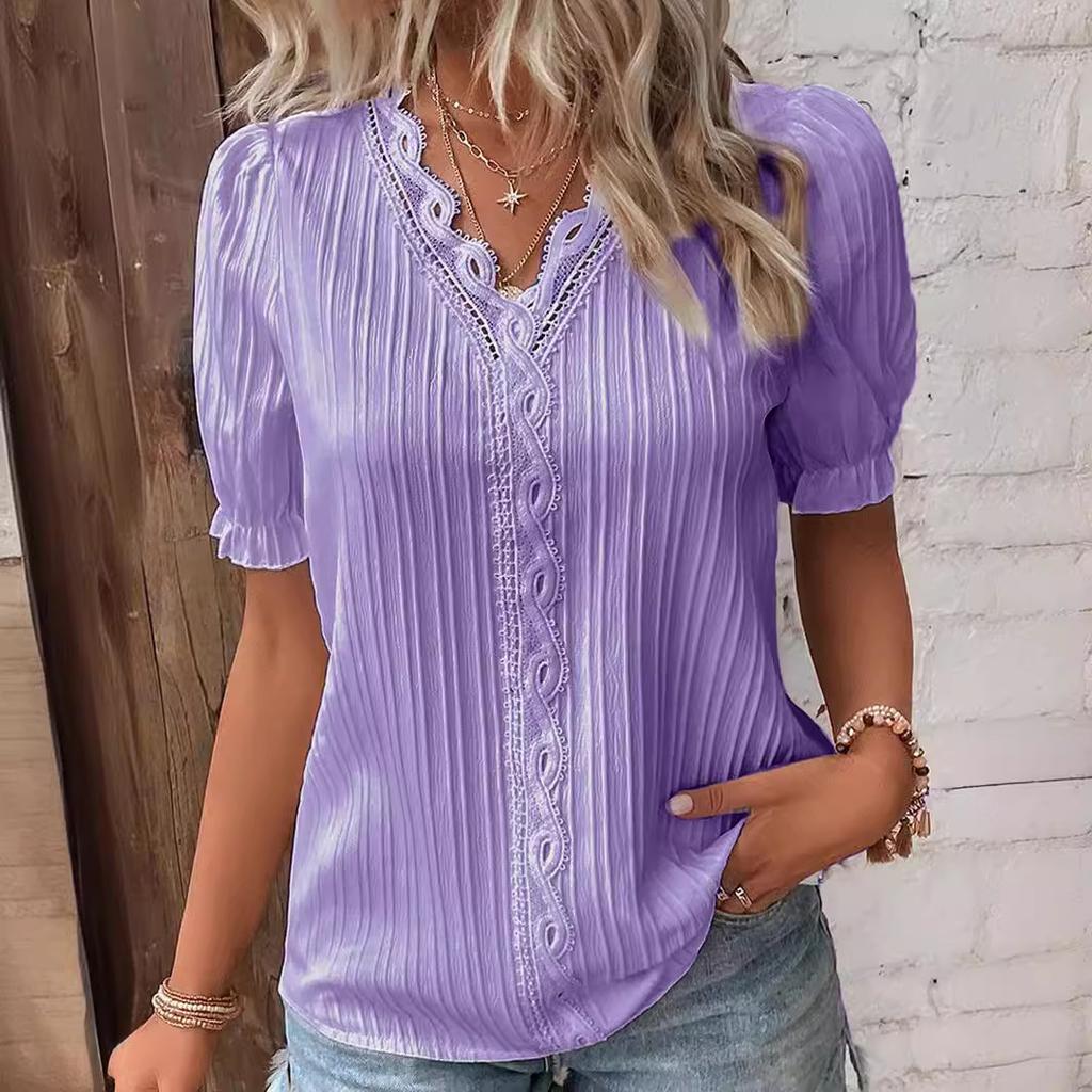 Women's V-neck Short Sleeve T-shirt Summer Fashion Casual Hollow Out T-shirt Slim Fit T-shirts