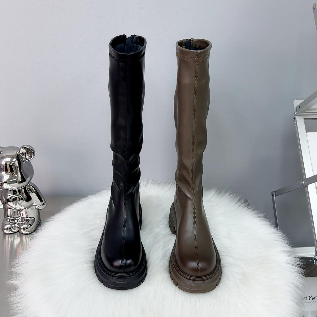 Long Boots 2025 Autumn Tall Knight Boots Thick-soled Heightening Women's Boots Rear Zipper Skinny Boots Women's Leather Boots